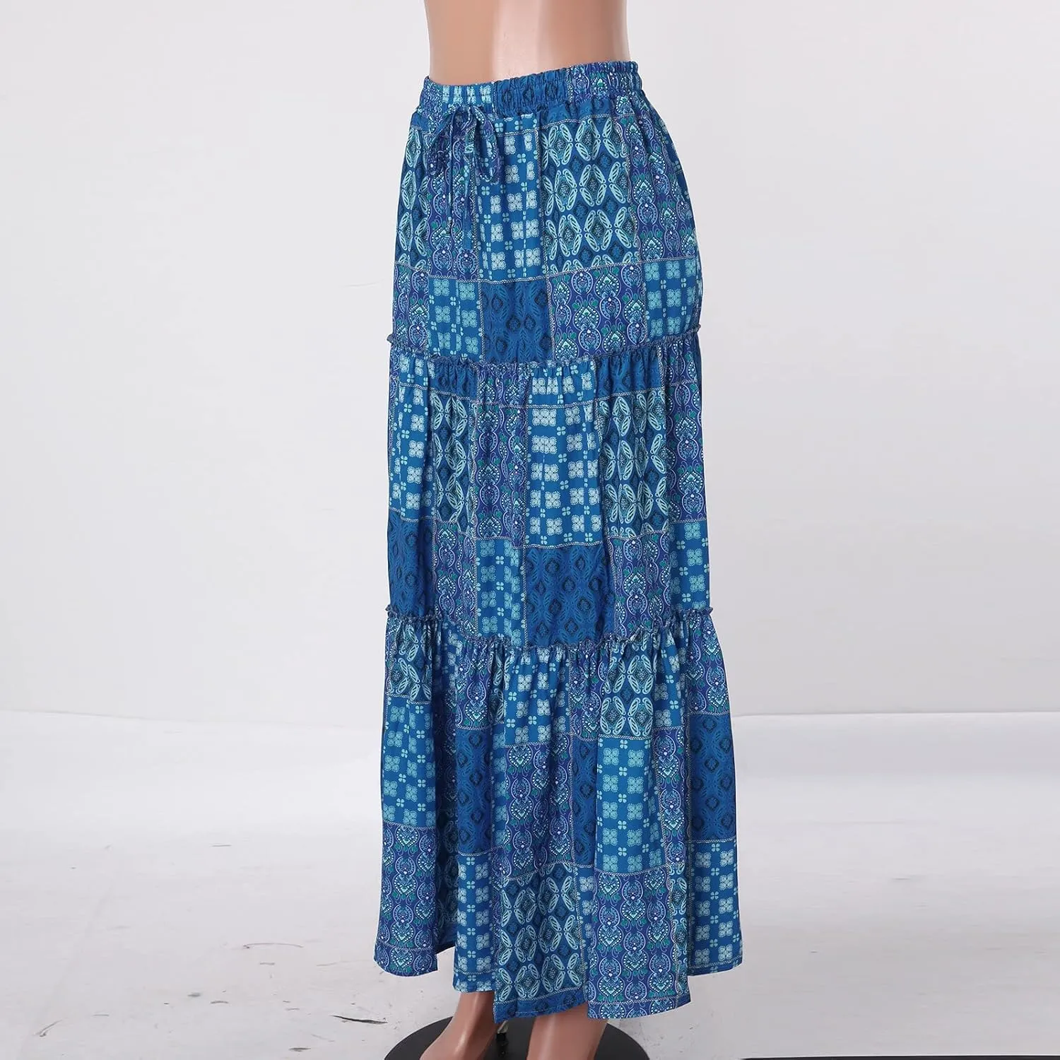 Long Skirts for Women Floral Print Boho Maxi Skirt Elastic High Waist Pleated Ruffle Flowy Swing Maxi Skirt with Pockets