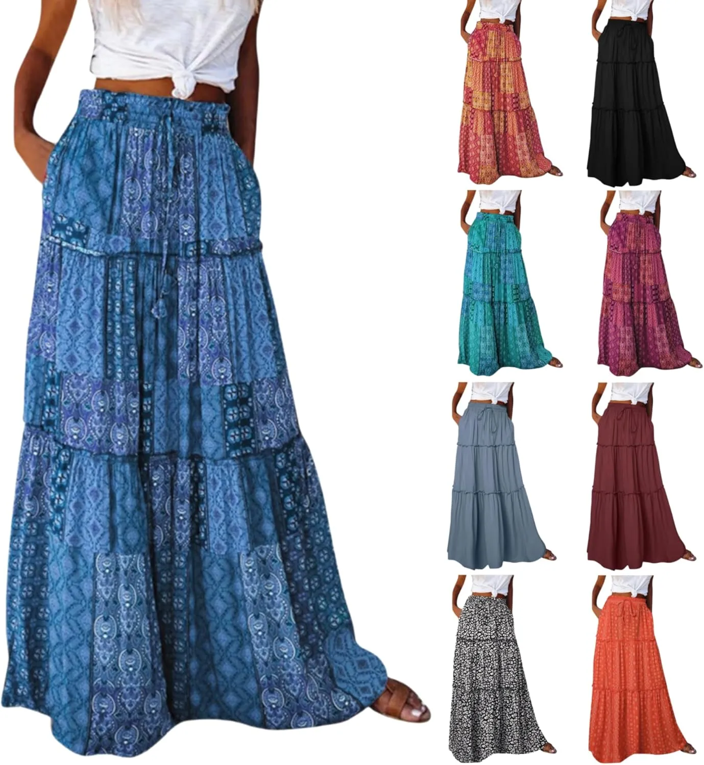 Long Skirts for Women Floral Print Boho Maxi Skirt Elastic High Waist Pleated Ruffle Flowy Swing Maxi Skirt with Pockets
