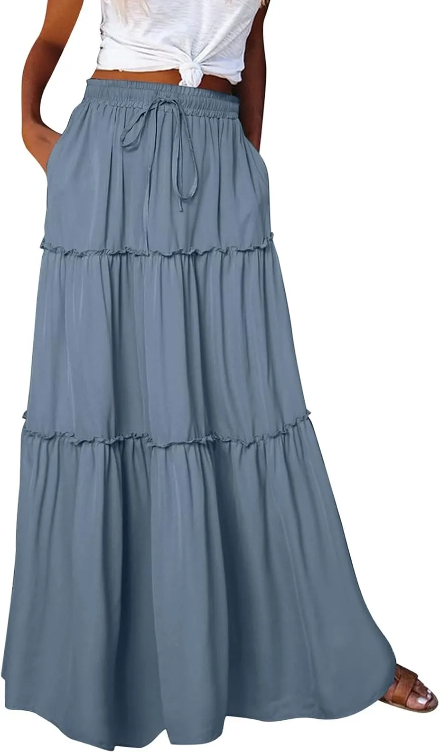 Long Skirts for Women Floral Print Boho Maxi Skirt Elastic High Waist Pleated Ruffle Flowy Swing Maxi Skirt with Pockets