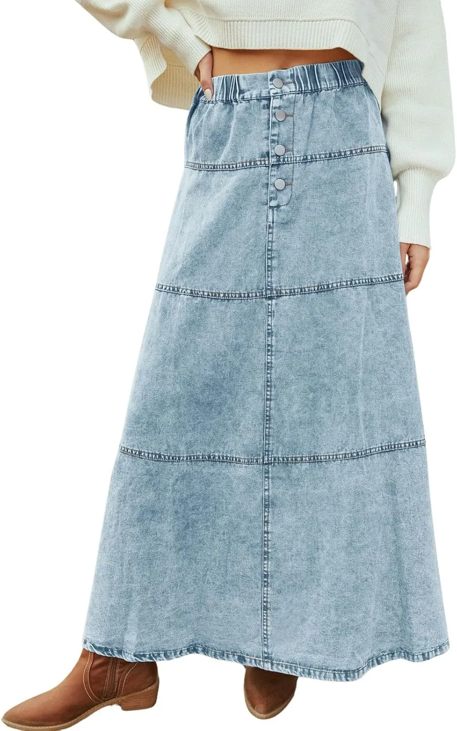 loveimgs Women Casual Denim Maxi Skirt Elastic High Waist Tiered A Line Long Jean Skirt Y2k Western Patchwork 2025