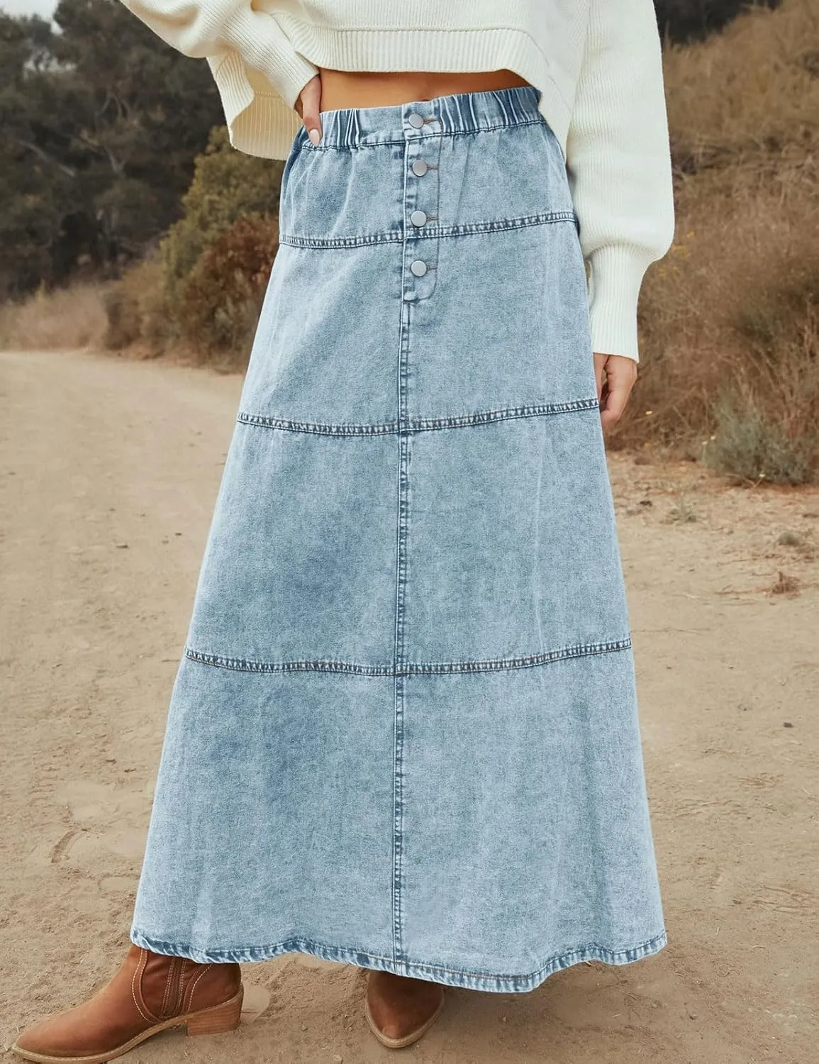 loveimgs Women Casual Denim Maxi Skirt Elastic High Waist Tiered A Line Long Jean Skirt Y2k Western Patchwork 2025