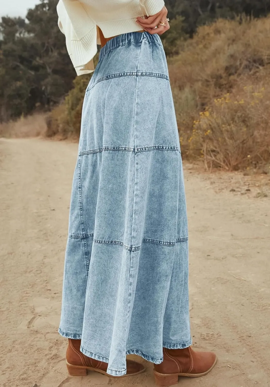 loveimgs Women Casual Denim Maxi Skirt Elastic High Waist Tiered A Line Long Jean Skirt Y2k Western Patchwork 2025