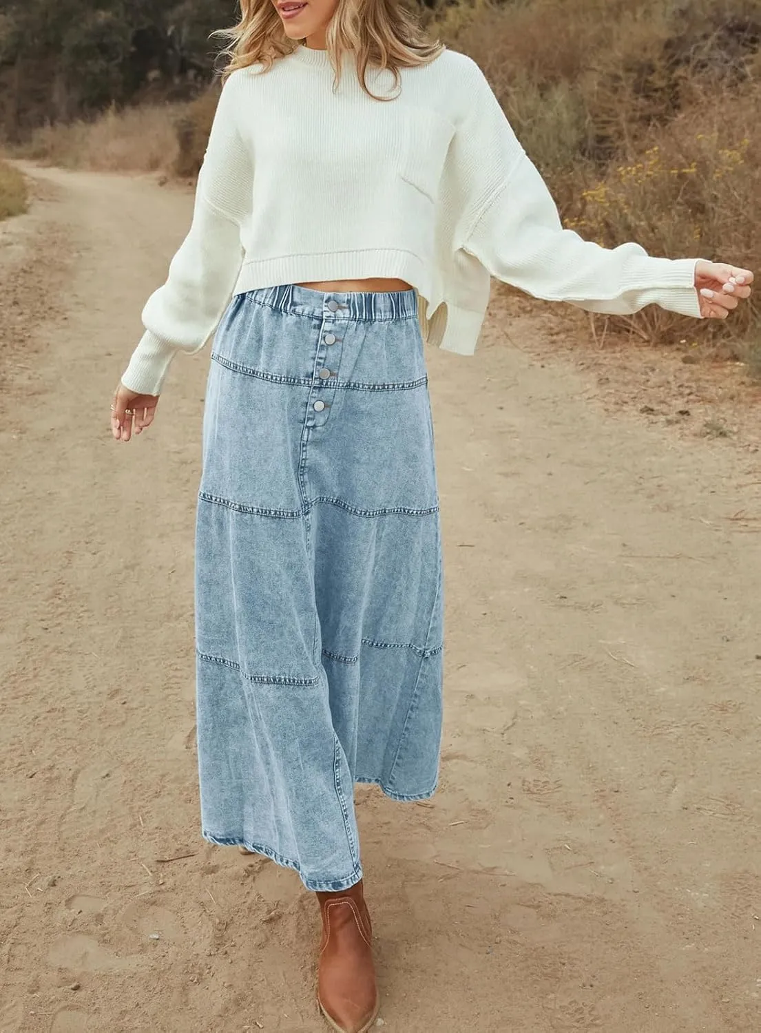 loveimgs Women Casual Denim Maxi Skirt Elastic High Waist Tiered A Line Long Jean Skirt Y2k Western Patchwork 2025