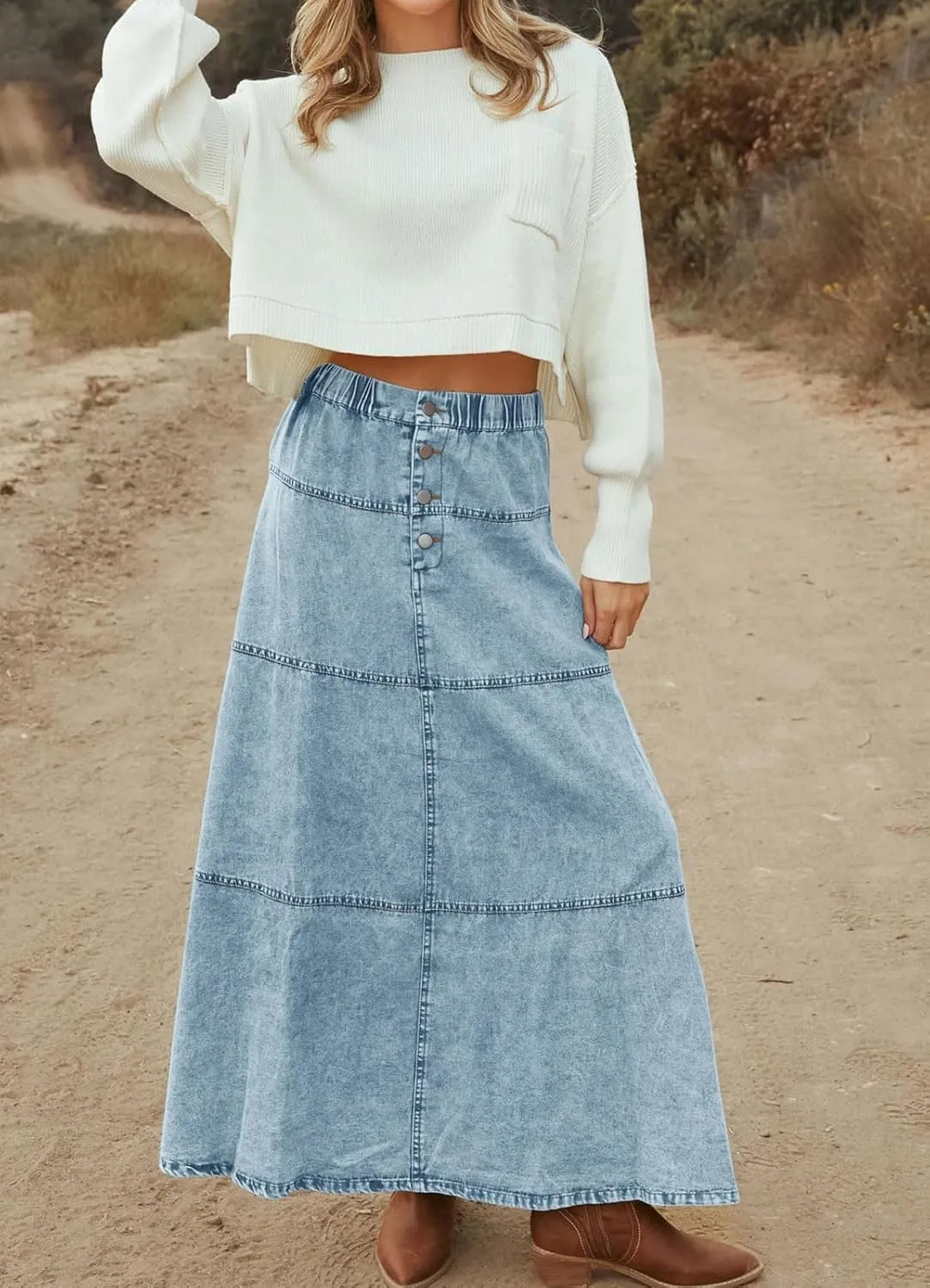 loveimgs Women Casual Denim Maxi Skirt Elastic High Waist Tiered A Line Long Jean Skirt Y2k Western Patchwork 2025