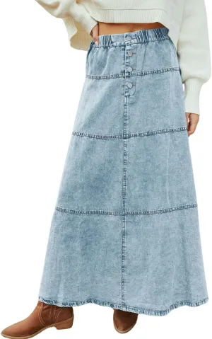 loveimgs Women Casual Denim Maxi Skirt Elastic High Waist Tiered A Line Long Jean Skirt Y2k Western Patchwork 2025