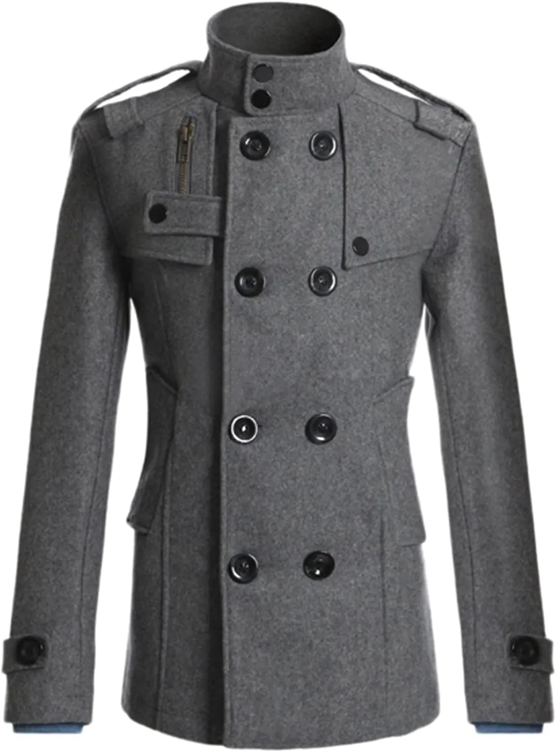 Lu's Chic Men's Long Sleeve Tops Double Breasted Slim Fit Pea Coat Jacket Fashion Outerwear