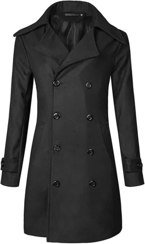 Lu's Chic Men's Long Sleeve Tops Double Breasted Slim Fit Pea Coat Jacket Fashion Outerwear