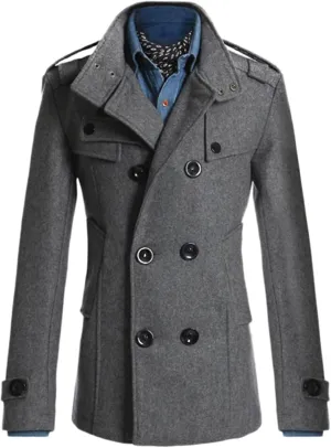 Lu's Chic Men's Long Sleeve Tops Double Breasted Slim Fit Pea Coat Jacket Fashion Outerwear