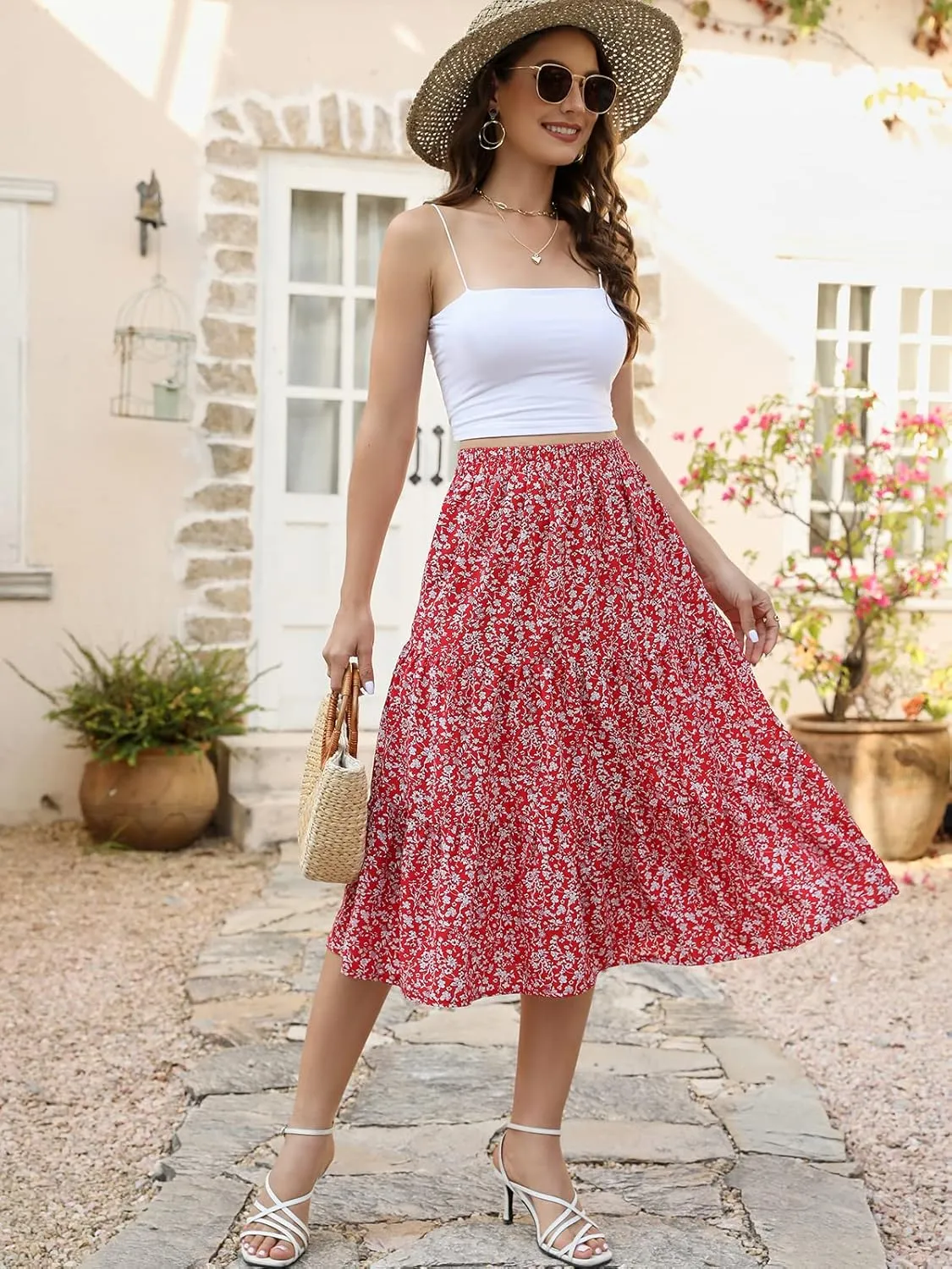 Lyrur Women's Floral Midi Skirt with Pockets High Elastic Waist Flowy Ruffle Casual Summer Boho Aline Skirts