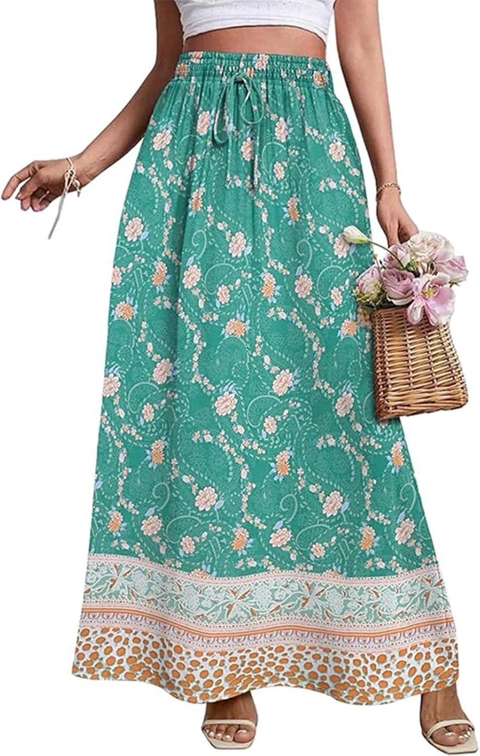 Maxi Boho Floral Skirts for Women 2025 Trendy Summer High Elastic Waist Drawstring A Line Skorts Long Flowy Skirts