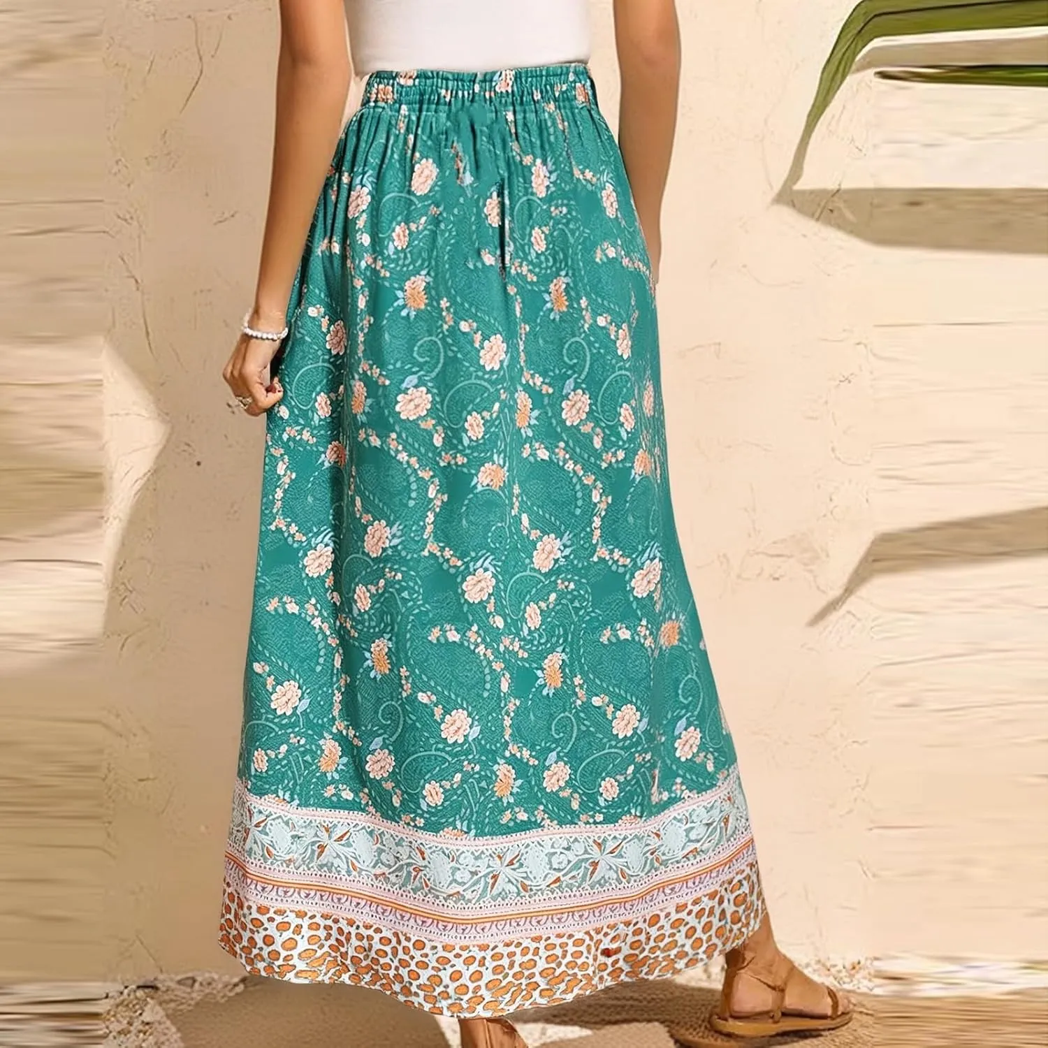 Maxi Boho Floral Skirts for Women 2025 Trendy Summer High Elastic Waist Drawstring A Line Skorts Long Flowy Skirts