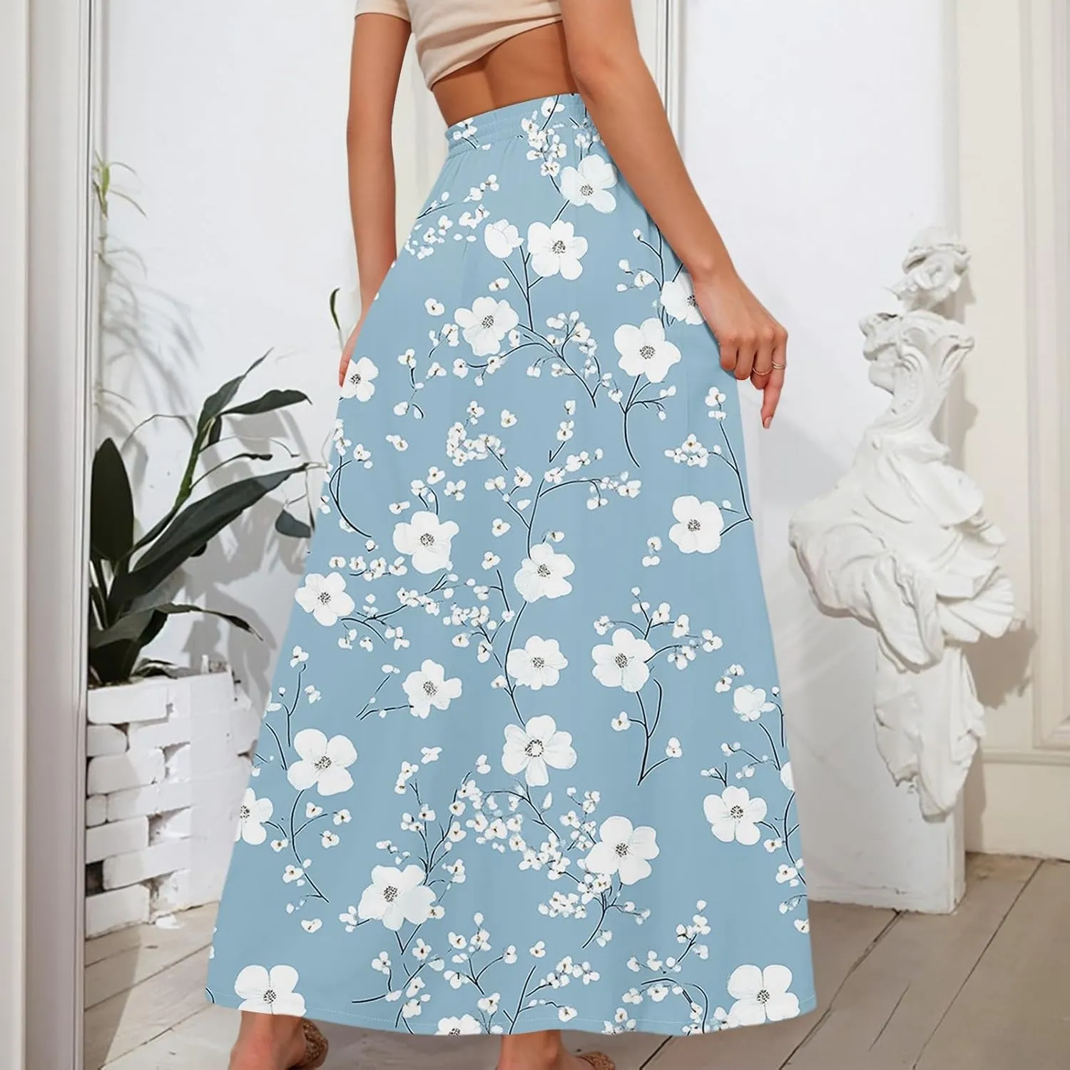 Maxi Skirts for Women 2025 Boho Summer Floral High Waist Casual A-Line Flowy Swing Flared Skirt with Pockets