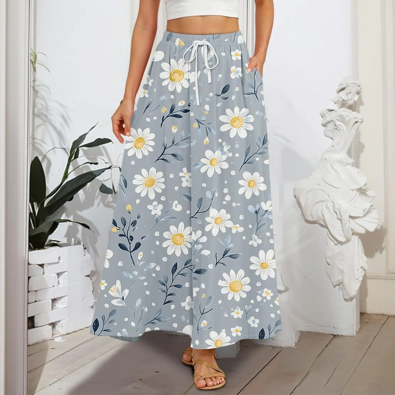 Maxi Skirts for Women 2025 Boho Summer Floral High Waist Casual A-Line Flowy Swing Flared Skirt with Pockets