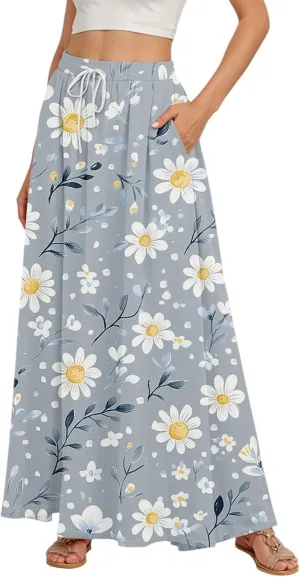 Maxi Skirts for Women 2025 Boho Summer Floral High Waist Casual A-Line Flowy Swing Flared Skirt with Pockets