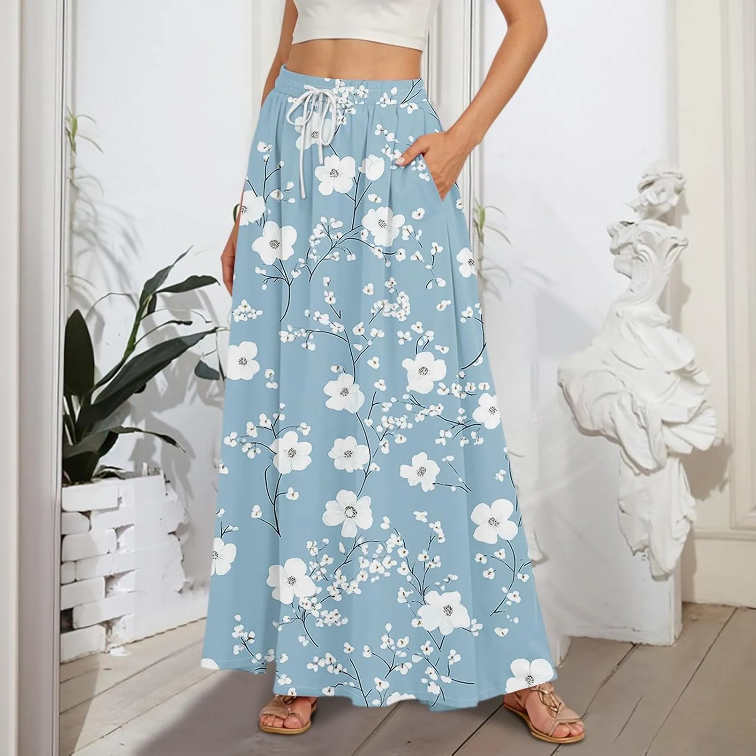Maxi Skirts for Women 2025 Boho Summer Floral High Waist Casual A-Line Flowy Swing Flared Skirt with Pockets