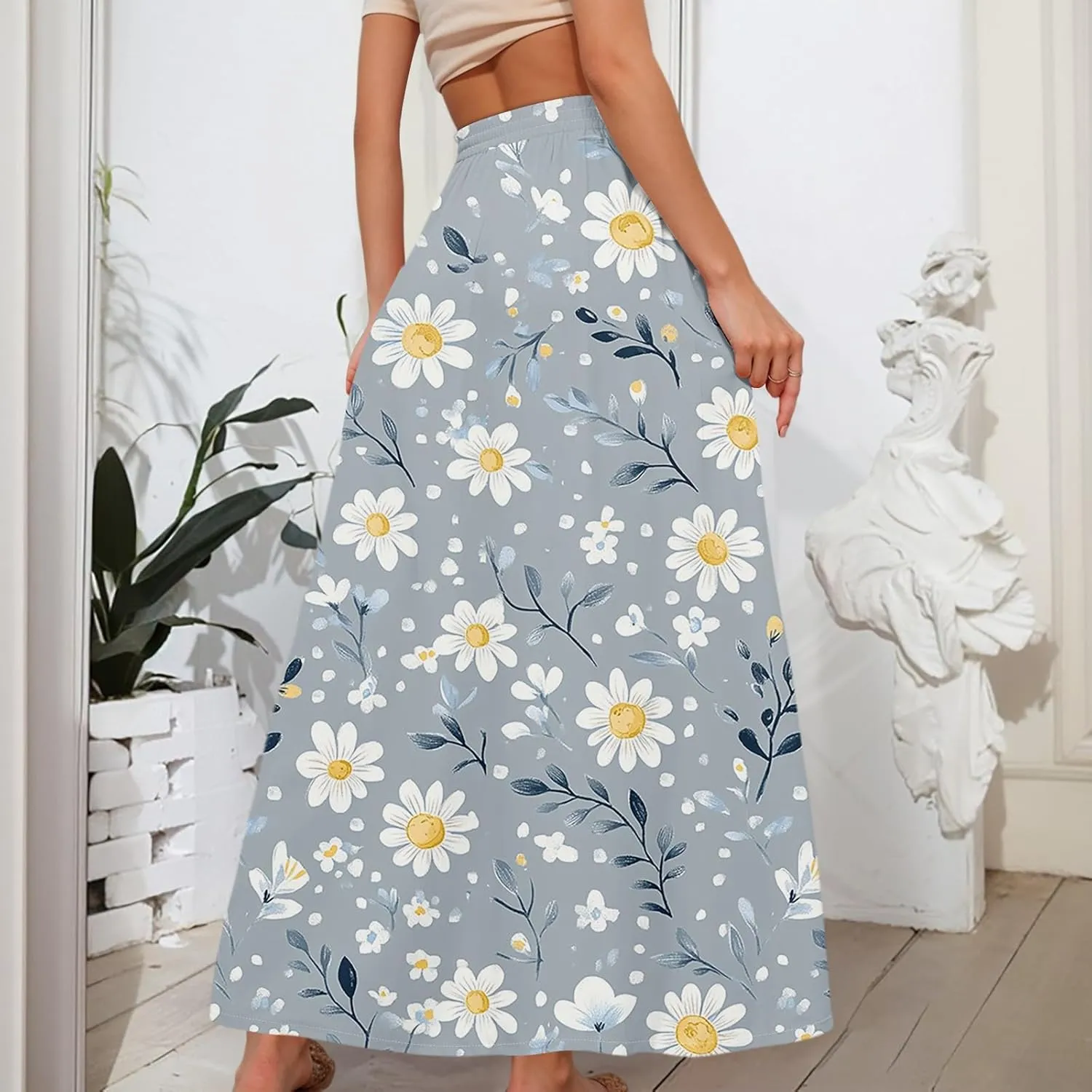 Maxi Skirts for Women 2025 Boho Summer Floral High Waist Casual A-Line Flowy Swing Flared Skirt with Pockets