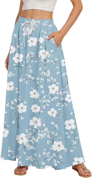 Maxi Skirts for Women 2025 Boho Summer Floral High Waist Casual A-Line Flowy Swing Flared Skirt with Pockets