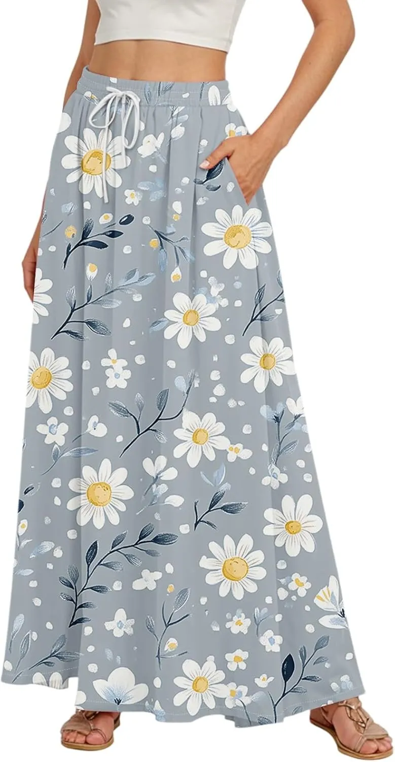 Maxi Skirts for Women 2025 Boho Summer Floral High Waist Casual A-Line Flowy Swing Flared Skirt with Pockets