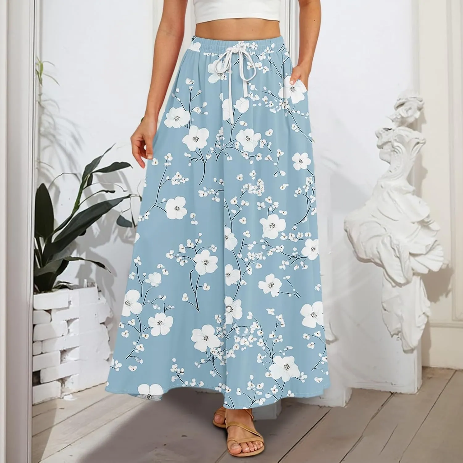 Maxi Skirts for Women 2025 Boho Summer Floral High Waist Casual A-Line Flowy Swing Flared Skirt with Pockets