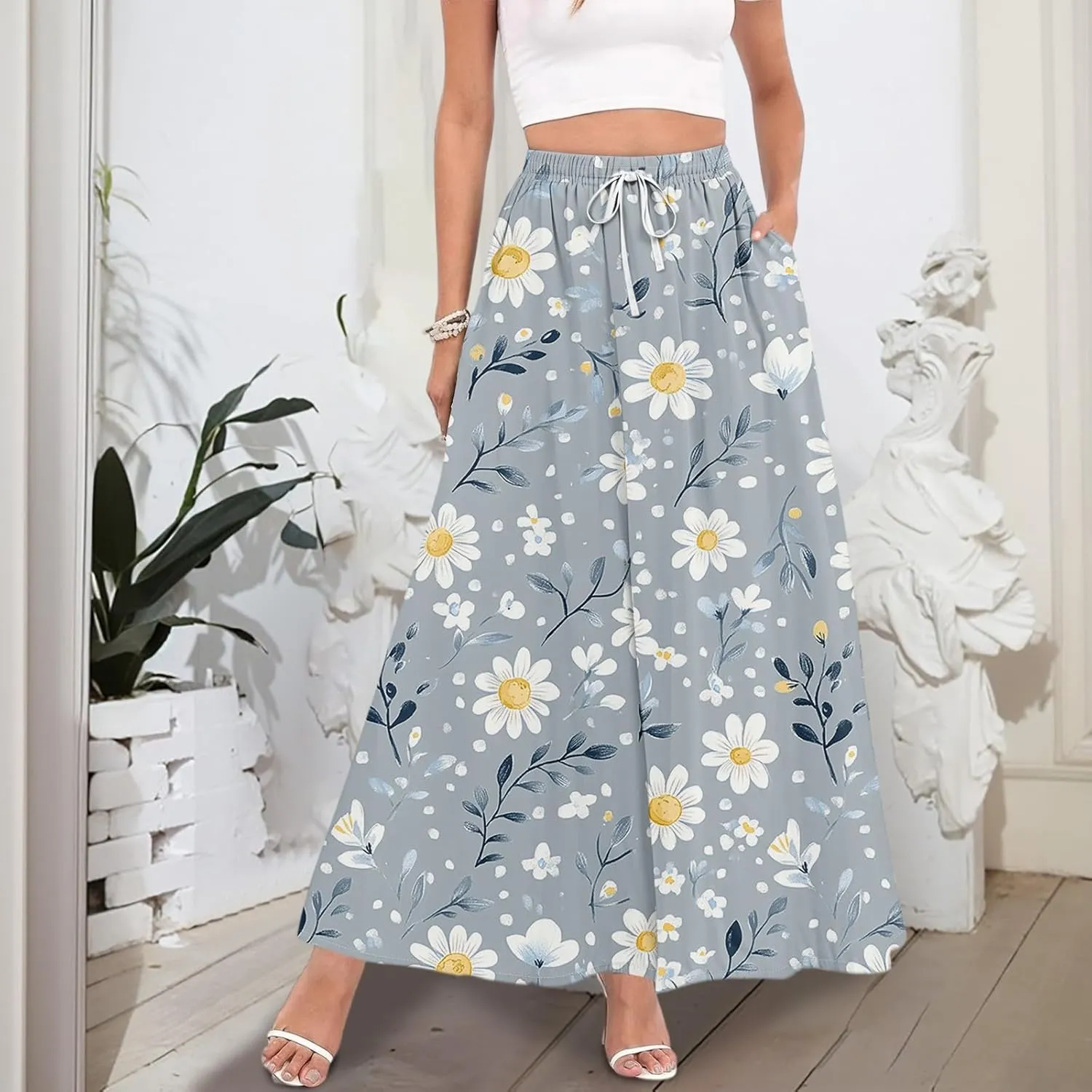Maxi Skirts for Women 2025 Boho Summer Floral High Waist Casual A-Line Flowy Swing Flared Skirt with Pockets