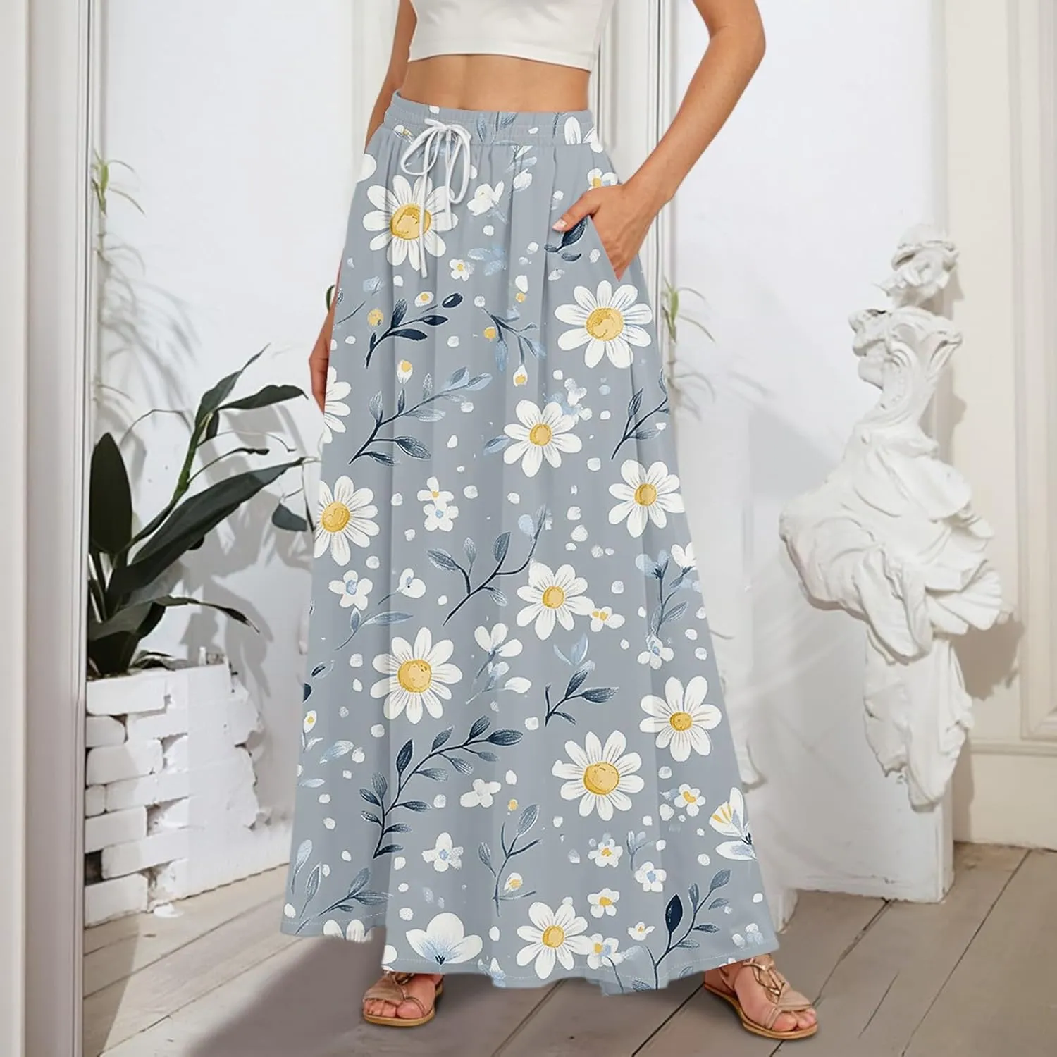 Maxi Skirts for Women 2025 Boho Summer Floral High Waist Casual A-Line Flowy Swing Flared Skirt with Pockets