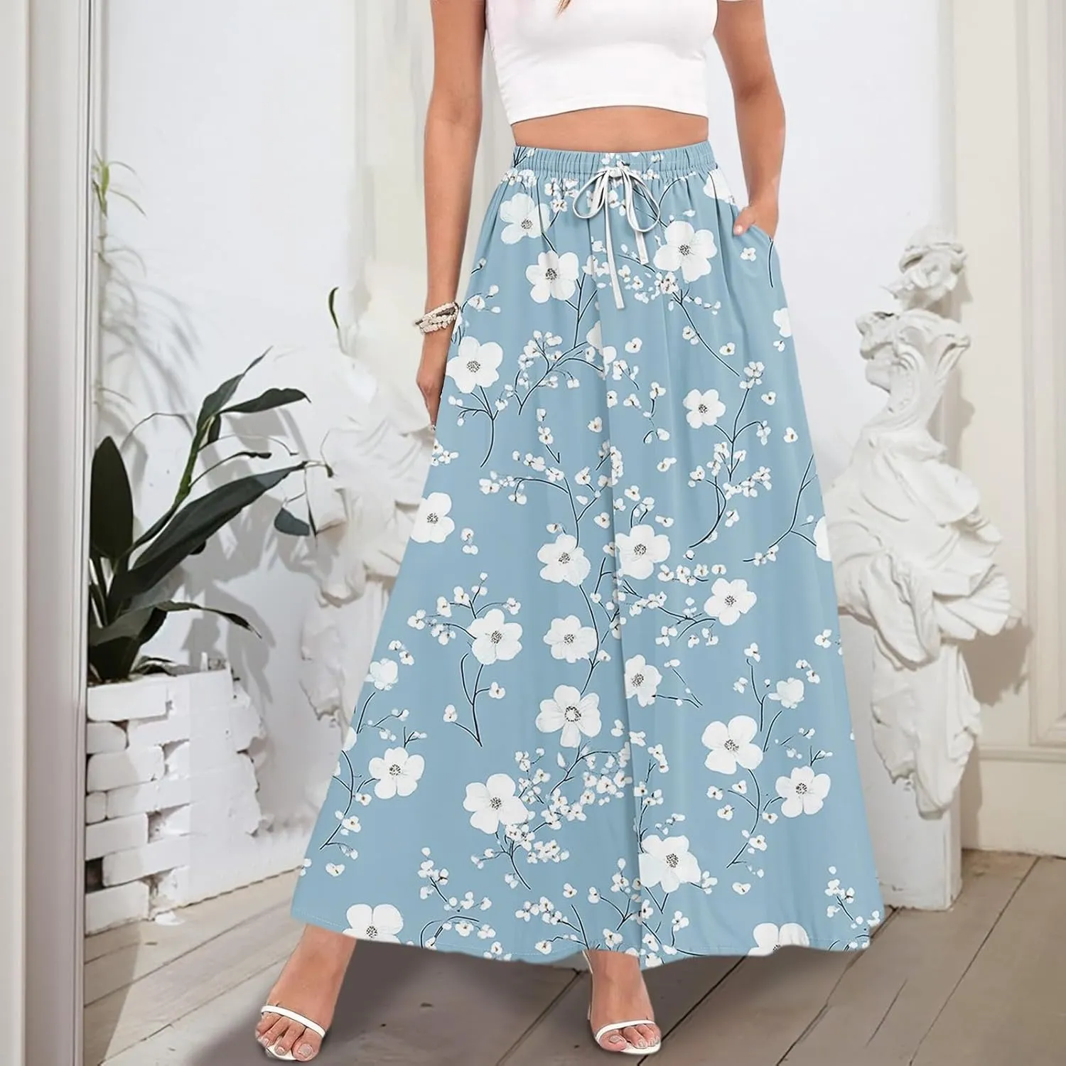 Maxi Skirts for Women 2025 Boho Summer Floral High Waist Casual A-Line Flowy Swing Flared Skirt with Pockets