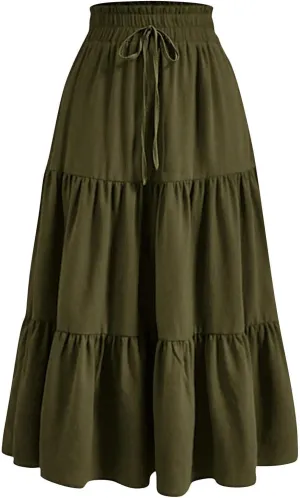 Maxi Skirts for Women 2025 Summer Boho Elastic Waist Skirts Drawstring Plus Size Trendy Casual Loose Long Skirt Dress