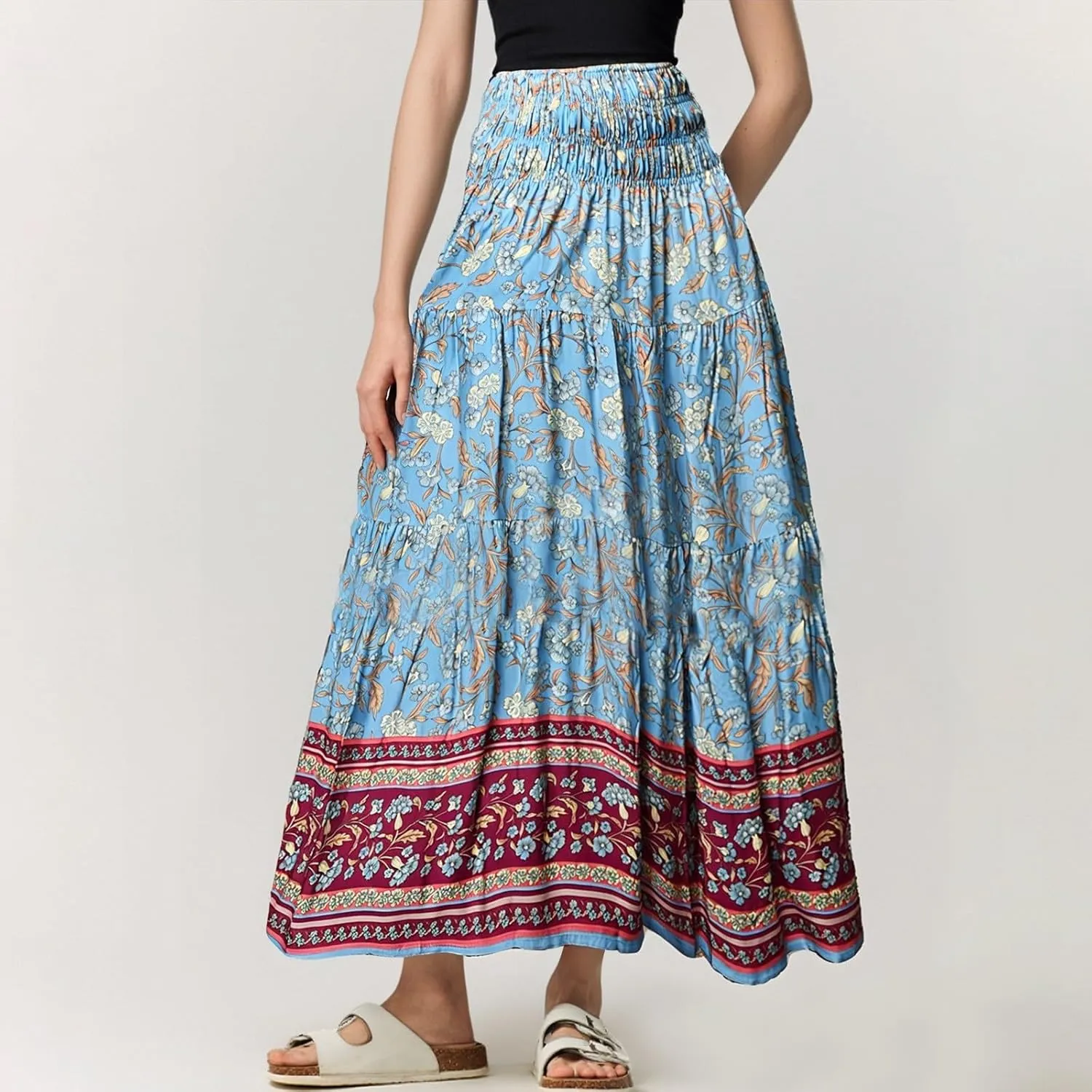 Maxi Skirts for Women Floral Boho Long Flowy Skirt Smocked Elastic High Waisted Skirts A Line Beach Midi Skirt