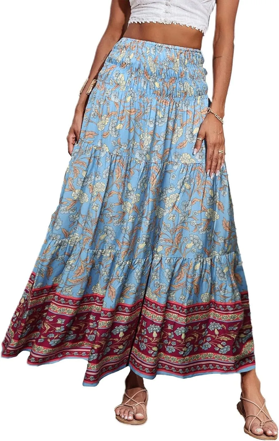 Maxi Skirts for Women Floral Boho Long Flowy Skirt Smocked Elastic High Waisted Skirts A Line Beach Midi Skirt