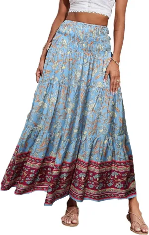 Maxi Skirts for Women Floral Boho Long Flowy Skirt Smocked Elastic High Waisted Skirts A Line Beach Midi Skirt