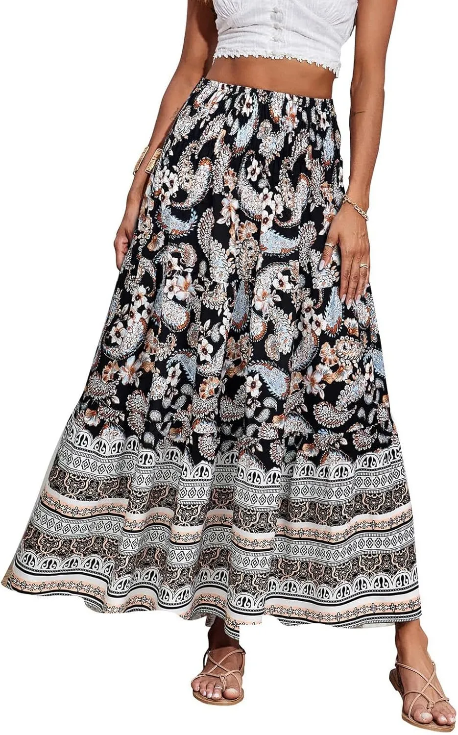 Maxi Skirts for Women Summer Drawstring Elastic High Waisted Pleated 3-Layer Tiered Aline Skirt Beach Long Skirts