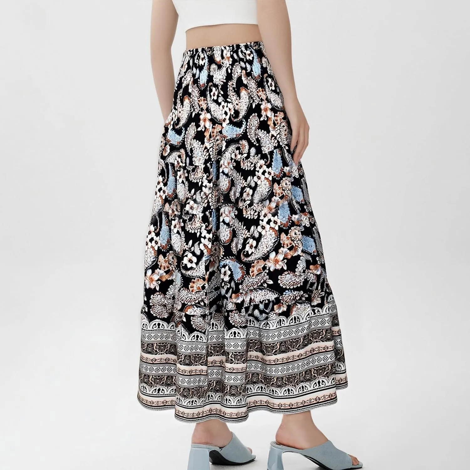 Maxi Skirts for Women Summer Drawstring Elastic High Waisted Pleated 3-Layer Tiered Aline Skirt Beach Long Skirts