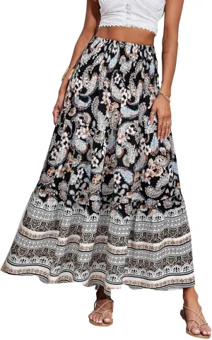 Maxi Skirts for Women Summer Drawstring Elastic High Waisted Pleated 3-Layer Tiered Aline Skirt Beach Long Skirts