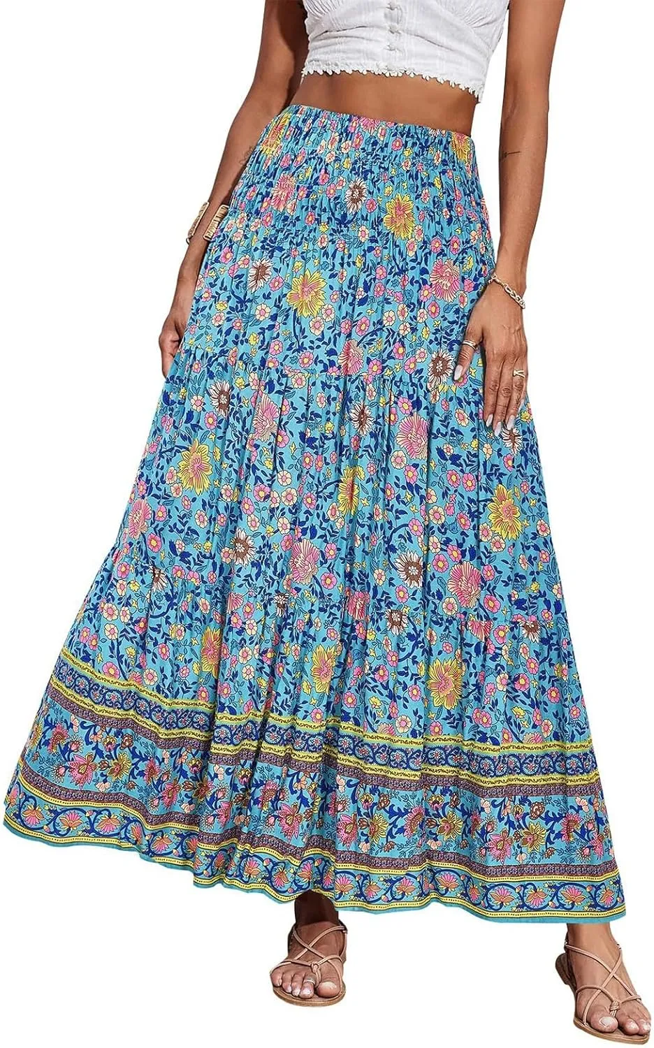 Maxi Skirts for Women Summer Drawstring Elastic High Waisted Pleated 3-Layer Tiered Aline Skirt Beach Long Skirts