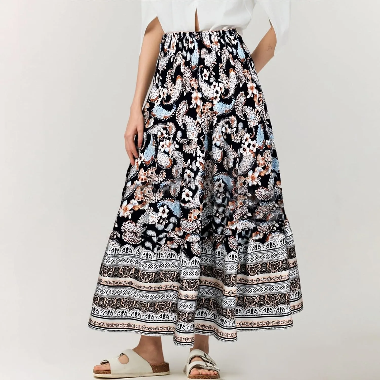 Maxi Skirts for Women Summer Drawstring Elastic High Waisted Pleated 3-Layer Tiered Aline Skirt Beach Long Skirts