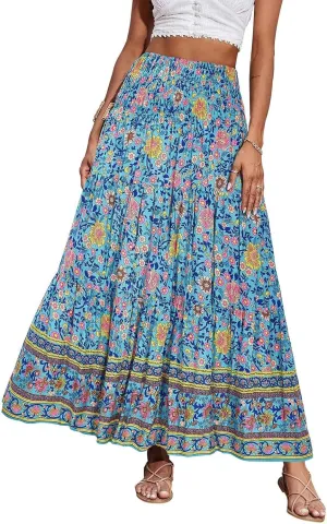 Maxi Skirts for Women Summer Drawstring Elastic High Waisted Pleated 3-Layer Tiered Aline Skirt Beach Long Skirts