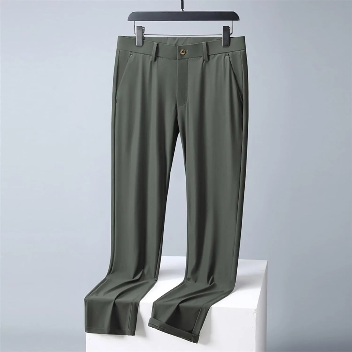 Men Business Pants Casual Straight Leg Trousers Lightweight Quick Drying Work Pants with Pockets Cropped Trousers