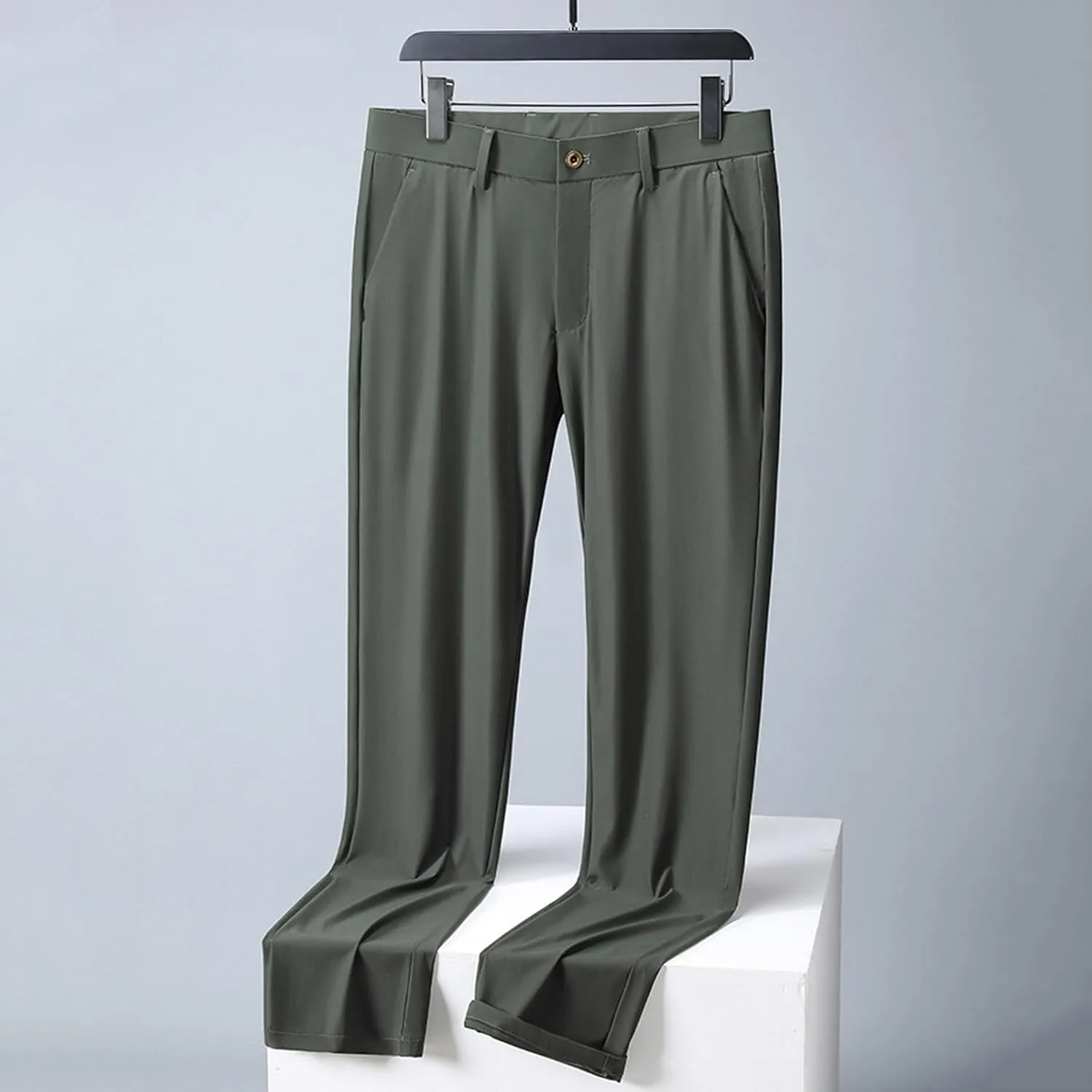 Men Business Pants Casual Straight Leg Trousers Lightweight Quick Drying Work Pants with Pockets Cropped Trousers