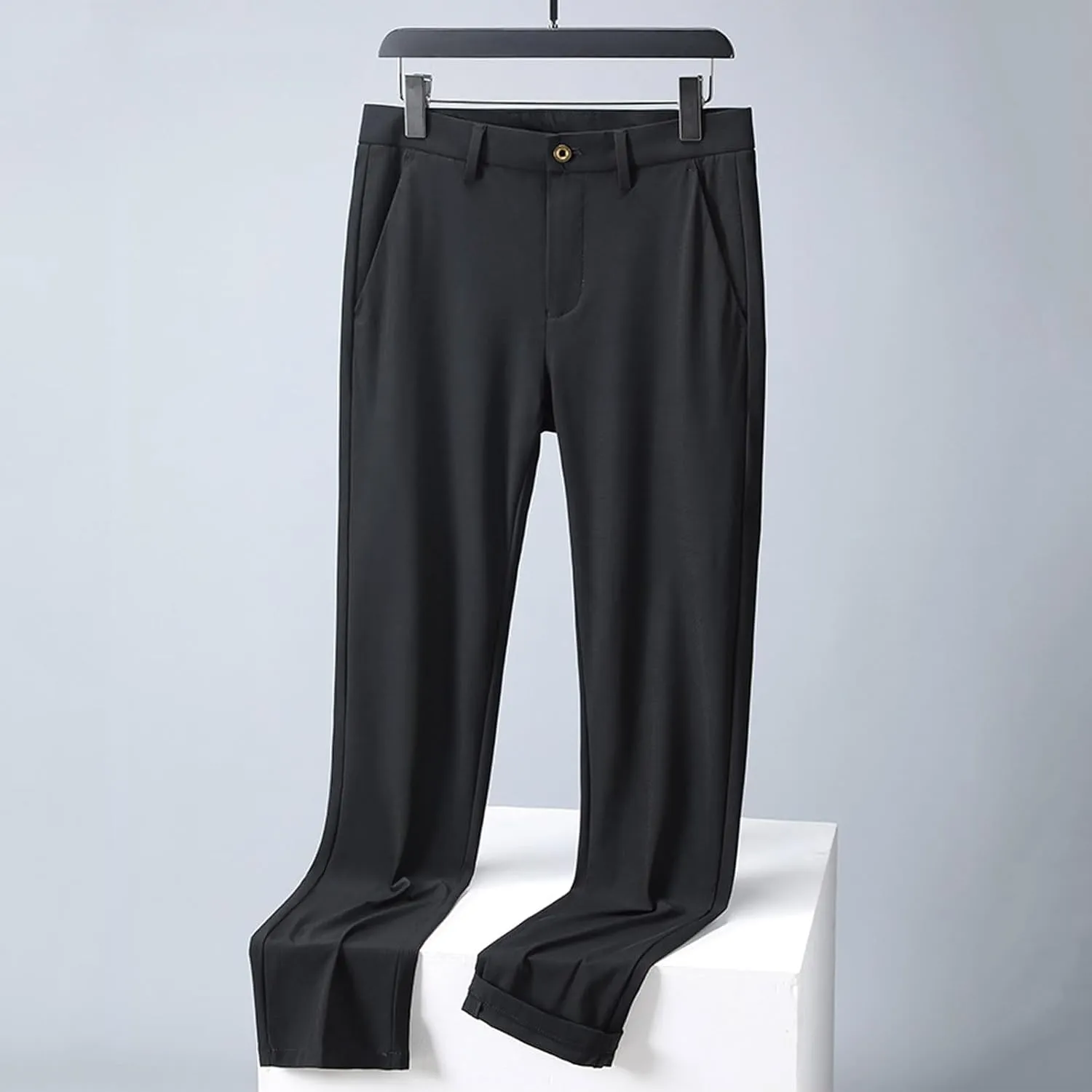 Men Business Pants Casual Straight Leg Trousers Lightweight Quick Drying Work Pants with Pockets Cropped Trousers
