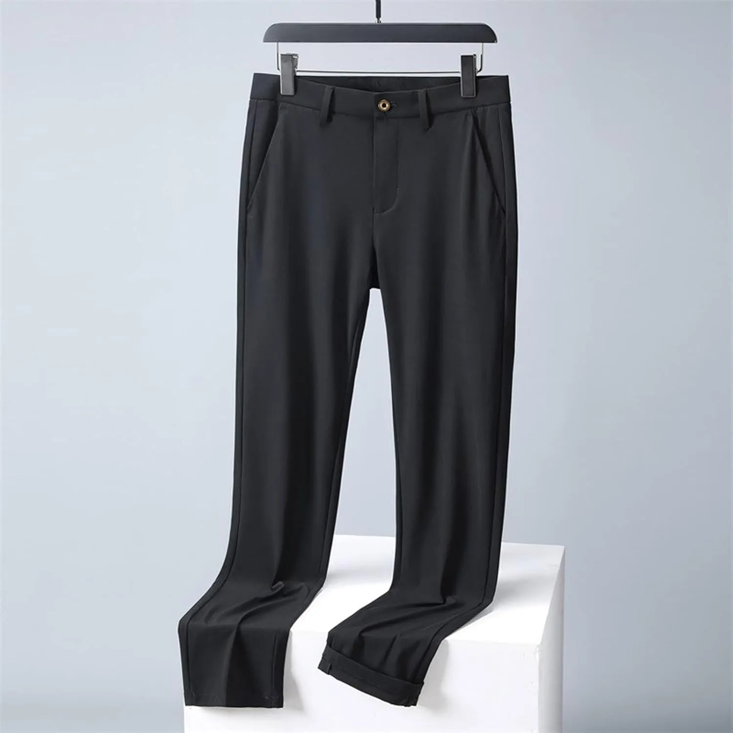Men Business Pants Casual Straight Leg Trousers Lightweight Quick Drying Work Pants with Pockets Cropped Trousers