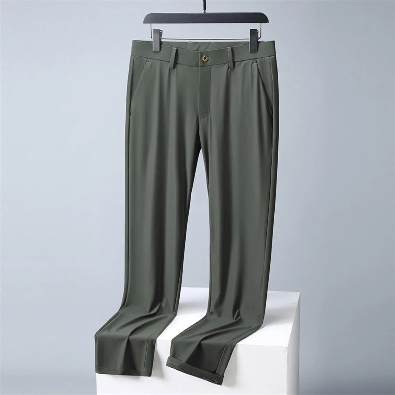 Men Business Pants Casual Straight Leg Trousers Lightweight Quick Drying Work Pants with Pockets Cropped Trousers