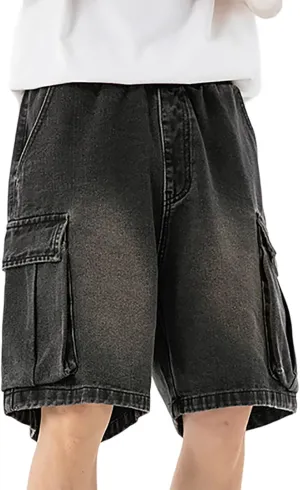 Men Loose Denim Shorts Baggy Casual Summer Wide Leg Mid Jean Jorts Hip Hop Shorts Streetwear with Pockets