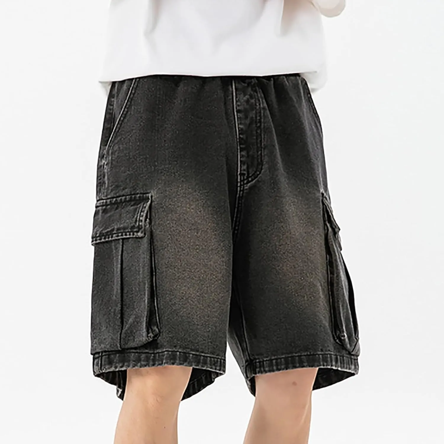 Men Loose Fit Denim Shorts Baggy Summer Casual Wide Leg Long Jean Jorts Hip Hop Shorts Streetwear with Pockets