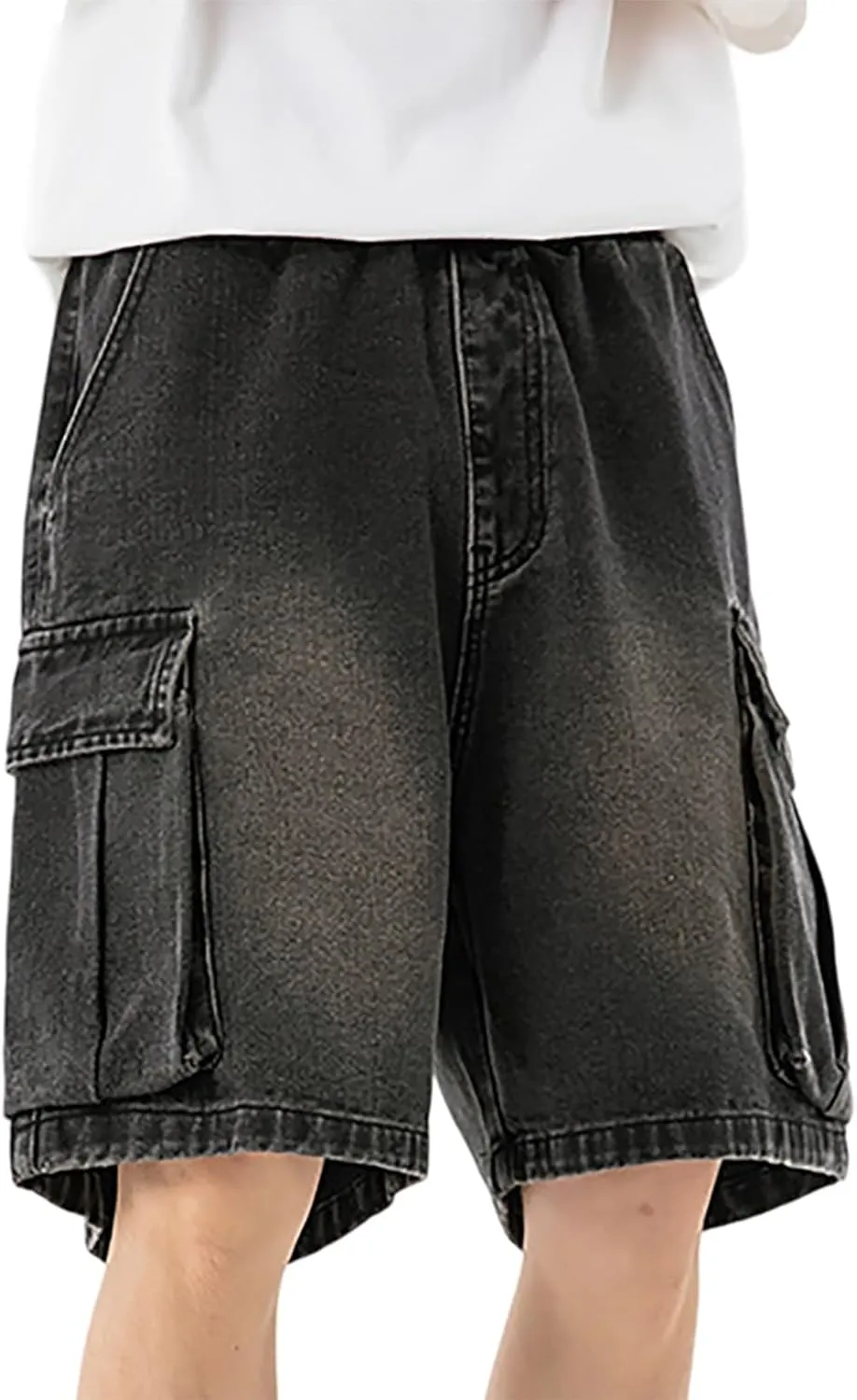 Men Loose Fit Denim Shorts Baggy Summer Casual Wide Leg Long Jean Jorts Hip Hop Shorts Streetwear with Pockets