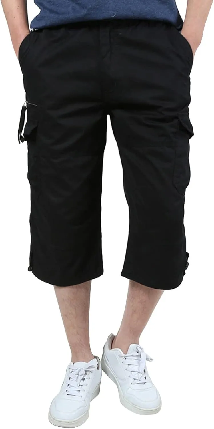 Men's Casual Cargo Shorts 16" Inseam Below Knee Multi Pocket Trendy 3/4 Capri Long Shorts Twill Relaxed Fit Pants