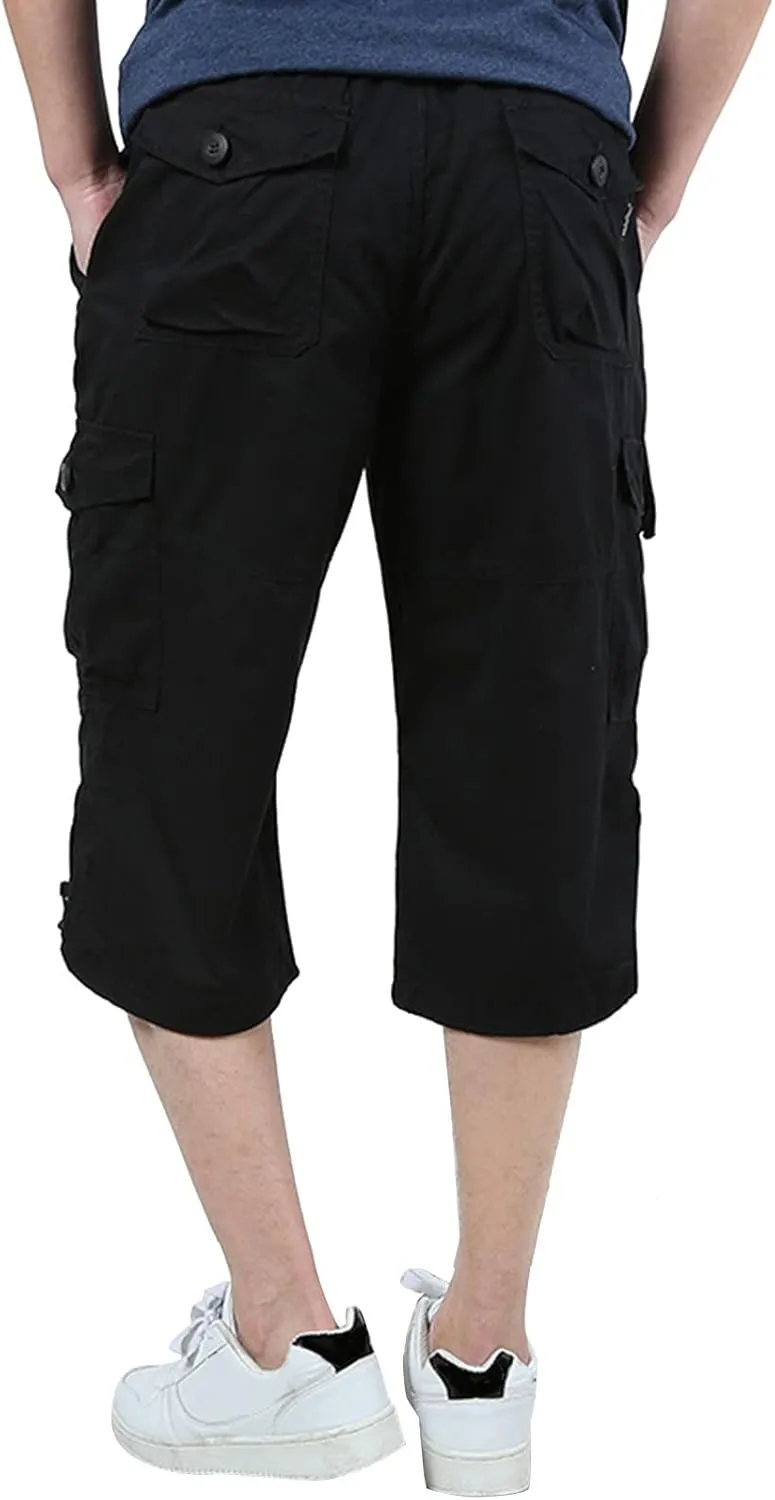 Men's Casual Cargo Shorts 16" Inseam Below Knee Multi Pocket Trendy 3/4 Capri Long Shorts Twill Relaxed Fit Pants
