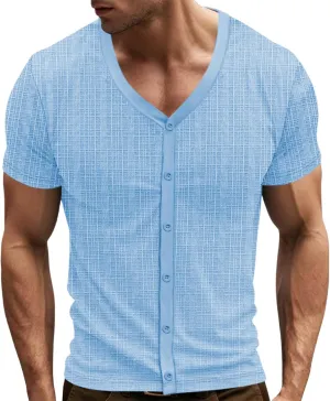 Mens Slim Fit Muscle Cardigans Shirts Sexy V Neck Open Front Button Down Collarless Shirt 2025 Fashion Casual
