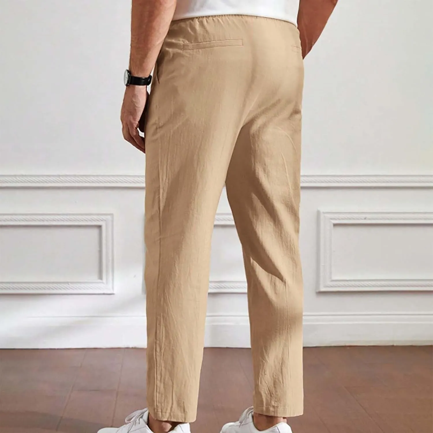 Mens Summer Cropped Pants Casual Elastic Waist Slim Fit Ankle Length Trousers with Pockets Stretch Drawstring Sweatpants