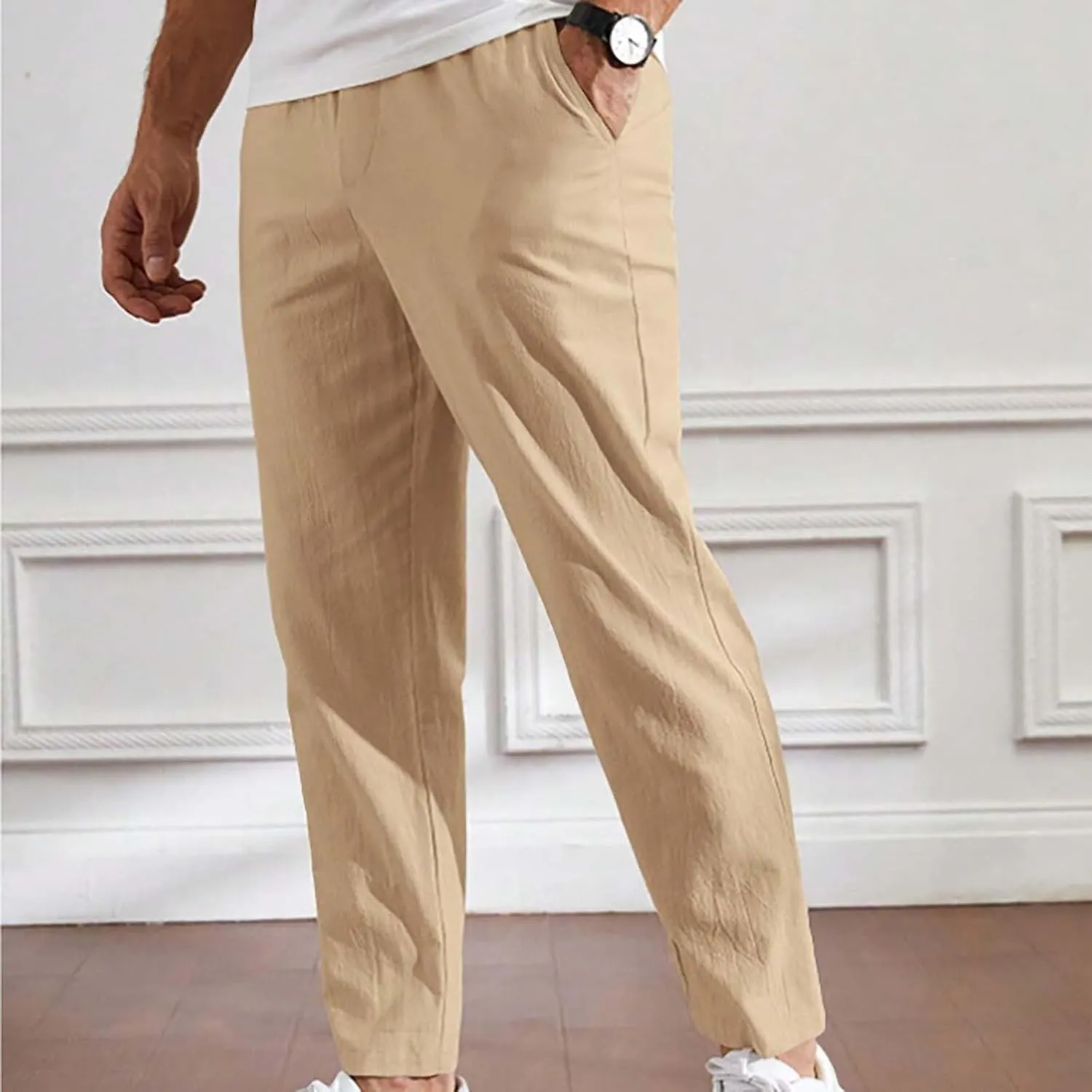 Mens Summer Cropped Pants Casual Elastic Waist Slim Fit Ankle Length Trousers with Pockets Stretch Drawstring Sweatpants