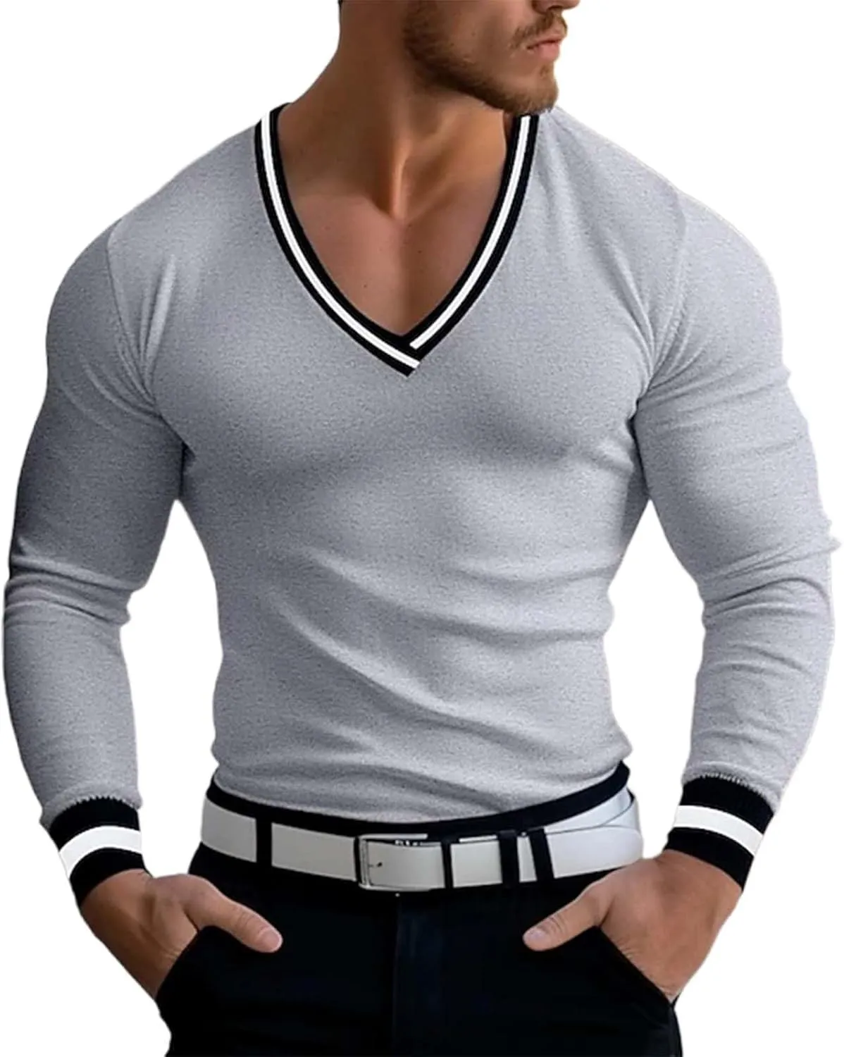 Mens V Neck Low Cut Stretch Muscle Basic Pullover Shirts Tops Slim Fit Thermal Long Sleeve Casual Grunge Sweater
